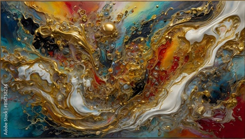 Colorful abstract painting oil and water complex complicated bright vivid colors beautiful opulent wealthy intricate all possible hues sublime delicate hyperdetailed masterpiece metallic sheen mother 