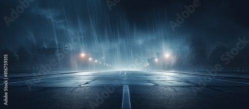 A futuristic night scene with an empty street as the background featuring abstract spotlights illuminating the area The street light s reflection can be seen on the water with rays piercing through t