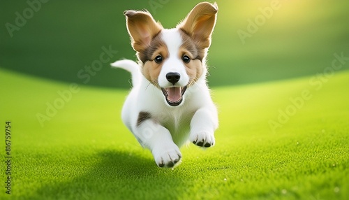  joyful puppy romping in grass. The background is a light, consistent green