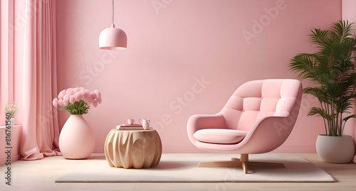modern living room interior with a pink armchair and flowers in a vase 