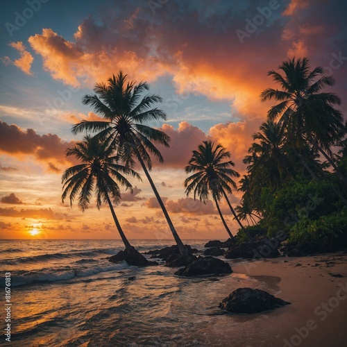 A tropical island with a vibrant sunset and palm tree silhouettes.