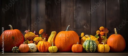 pumpkins on dark wooden background. copy space available