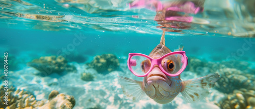 Funny fish animal summer holiday vacation travel photography banner background - Devilfish with pink sunglasses swimming relaxing in the ocean sea water, underwater
