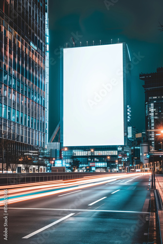 Vertical blank white billboard on night city street, tall buildings and a road in background. Advertisement mockup.