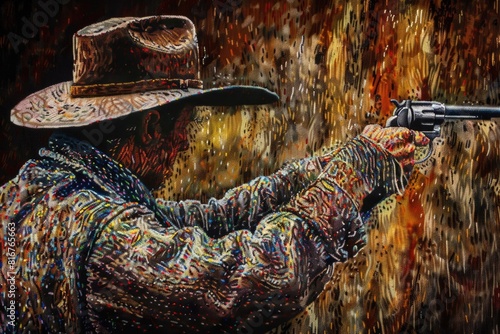 A man in a cowboy hat holding a gun. Suitable for western-themed designs