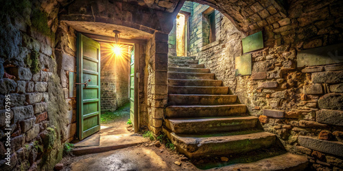 The abandoned building's interior is a labyrinth of ancient stone steps, leading to an open basement door that seems to pulse with unseen energy, drawing the curious closer
