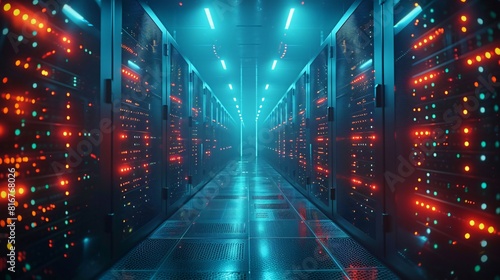 Abstract technology background of a server room with rows of rack-mounted servers with blinking lights.