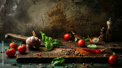 Cutting board allspice and vegetables on grunge background