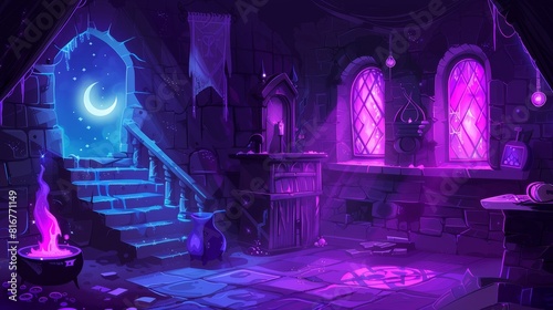 Nighttime magic wizard's laboratory room. Detailed alchemist's house with staircase, cauldron, mirror and moonlight. Fantasy tower illuminated by moonlight and glowing spell book.
