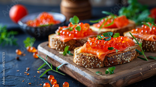 Delicious sandwiches with red caviar on wooden board -