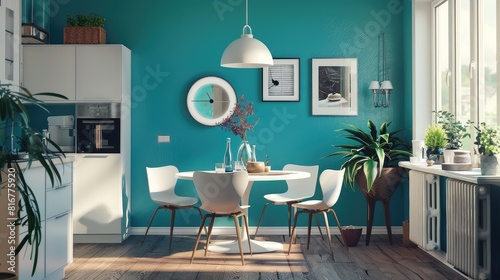 Modern dinning table with white chiars and round table, white lamp and art pieces on the contrast wall