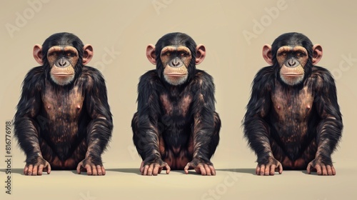 Three chimpanzees sitting in front of a beige background. Suitable for animal and wildlife themes