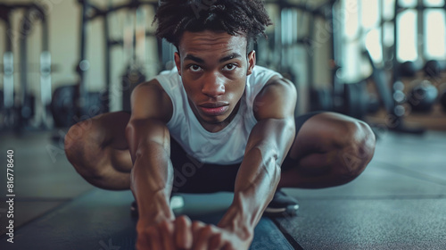 Set yourself up for success at the gym with a young man captured in the act of stretching his legs, exemplifying the value of proper preparation for a productive workout.