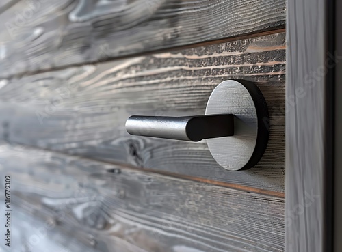 Closeup of modern door handle on gray wooden door, interior design detail stock photo contest winner, 2039