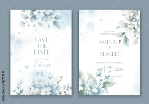 Wedding Invitation with delicate watercolor buds and leaves of jasmine.