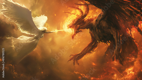 An angel with white wings is fighting a demon with red skin and black wings in a fiery setting.