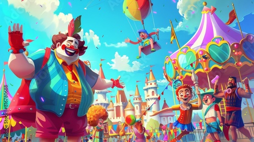 An amusement park with performers. A presenter, a clown, and a strongman are surrounded by carousels, castles, and cirque tents. Cartoon modern illustration of performers at the amusement park.