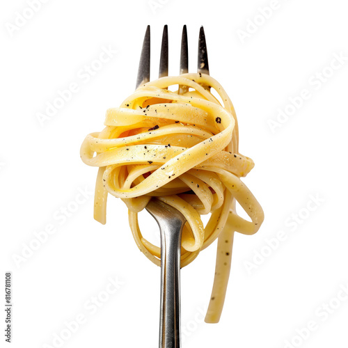 Fork with twirled fettuccine and black pepper