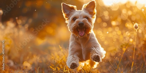 Dog joyfully running through a meadow, capturing its playful spirit and freedom selective focus, outdoor adventure theme, vibrant, Silhouette, open field