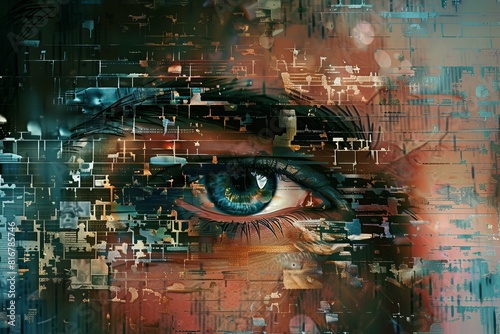 Futuristic digital vision concept art inspired by human eye perception and blending technology with intricate, detailed artwork in the era of artificial intelligence and cybernetic transformation