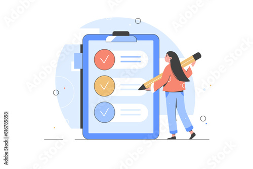 Online survey vector illustration concept, filling online survey form on gadgets, to do list paper note. Filling up survey form