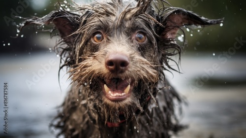 Wet disheveled shaggy dog close up in a puddle