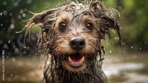 Wet disheveled shaggy dog close up in a puddle