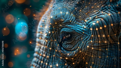 A close-up of an elephant's eye with a network of glowing dots.