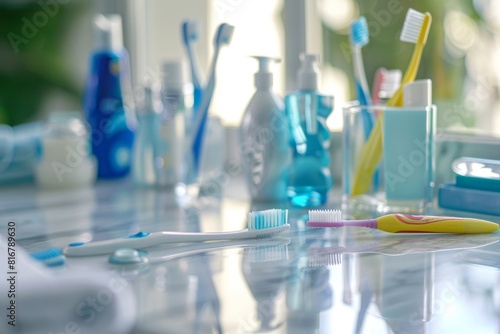 Various toothbrushes and toothpaste neatly arranged on a marble table, along with floss and mouthwash