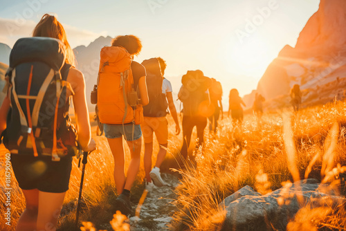 A joyful group of friends hiking through the mountains at sunset.