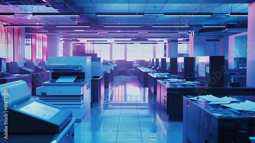 A room packed with rows of computers and printers buzzing with activity. Cables and wires are visible, connecting the machines, as they work diligently