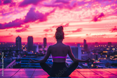 A Latina woman, silhouetted against a vibrant sunset, practices yoga poses on a rooftop overlooking a bustling city.