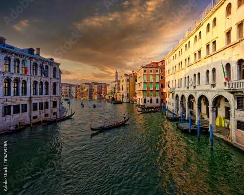 Grand Canal, Venice with View of the river and city historical architecture. with gondolas in Venice, Italy. in winter time.