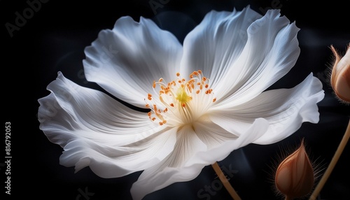 Close-up flor blanca con grandes pistilos black background 