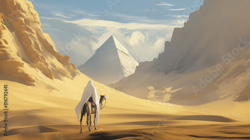  a desert with a large pyramid in the distance and a person walking with a camel in the foreground.