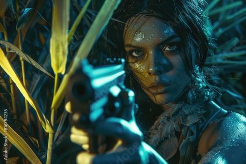 A woman holding a gun in a dense jungle. Suitable for military or survival themes