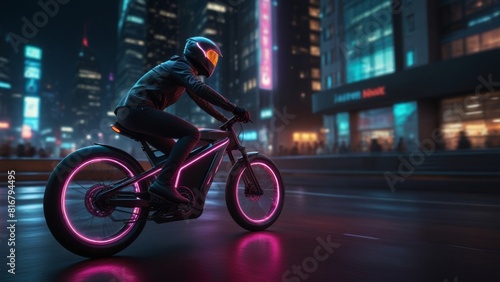 Neon dark futuristic bike riding in the street at night