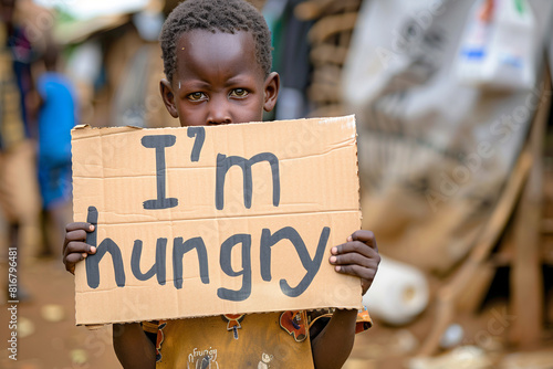 Little African boy holds sign that says "I'm hungry". Concept of helping starving people