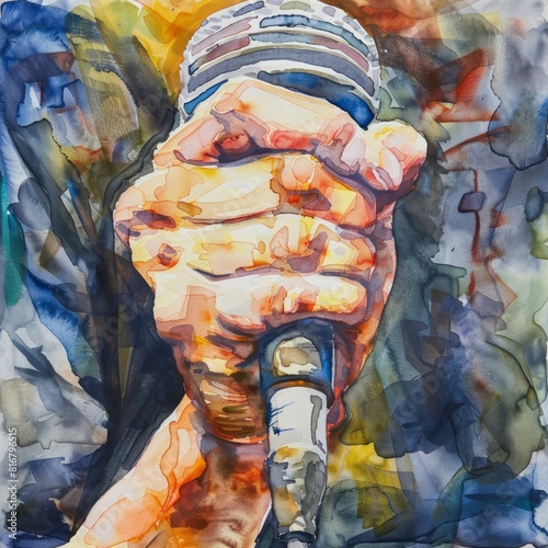 Vibrant Watercolor Depicting a Broadcaster's Hand Firmly Holding a Microphone