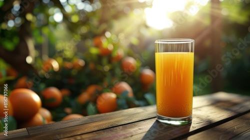 A glass of delicious orange juice on the table wood with an orange orchard in the background