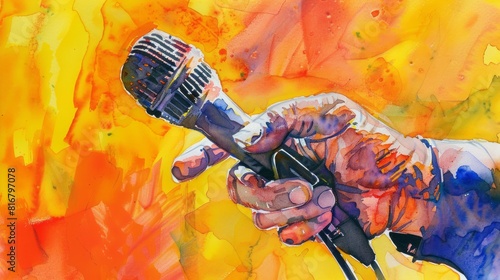 Vibrant Watercolor Depicting a Broadcaster's Hand Firmly Holding a Microphone