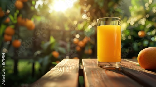 A glass of delicious orange juice on the table wood with an orange orchard in the background