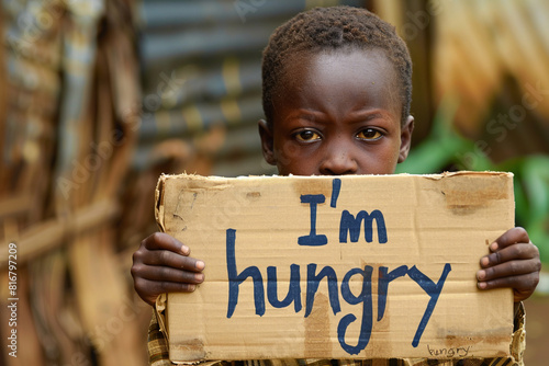 Little African boy holds sign that says "I'm hungry". Concept of helping starving people