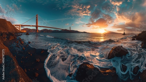 Wide angle lens on Golden Gate Bridge at sunset