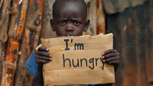 Little African boy holds sign that says "I'm hungry". Concept of helping starving people