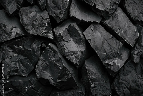 Closeup black and white photo highlighting the textures of coal