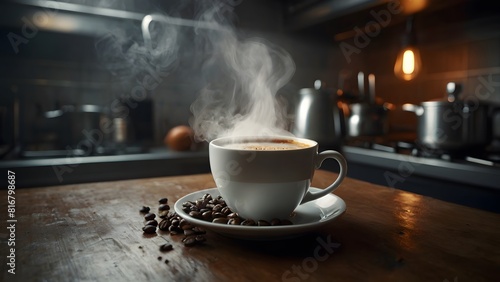 Hot fresh coffee on empty kitchen table, blurred cafe background.