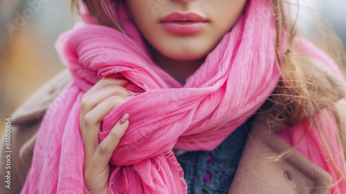 Young woman ties a pink scarf