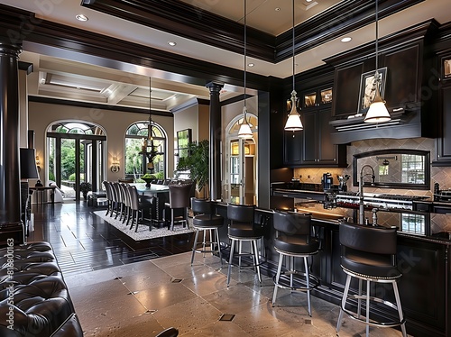 Dark modern kitchen with island and barstools, in an upscale home at the country club, in the style of high Enscape, professional photography with Nikon camera lens