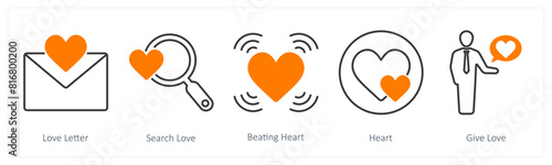 A set of 5 Love and Romance icons as love letter, search love, beating heart